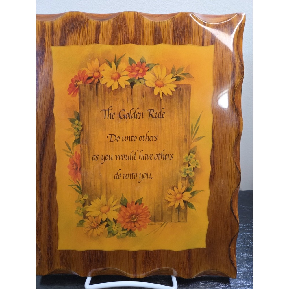 The Golden‎ Rule Vintage Wood Plaque Floral Design Rustic Farm Home Decor